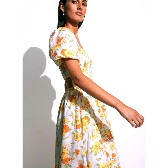 Faithfull The Brand Loucetta Cutout Midi Dress-Puff Sleeves Palermo Floral Print - Picture 4 of 6